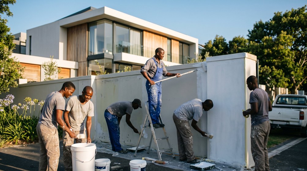 Professional team painting a boundary wall at a modern home in Knysna