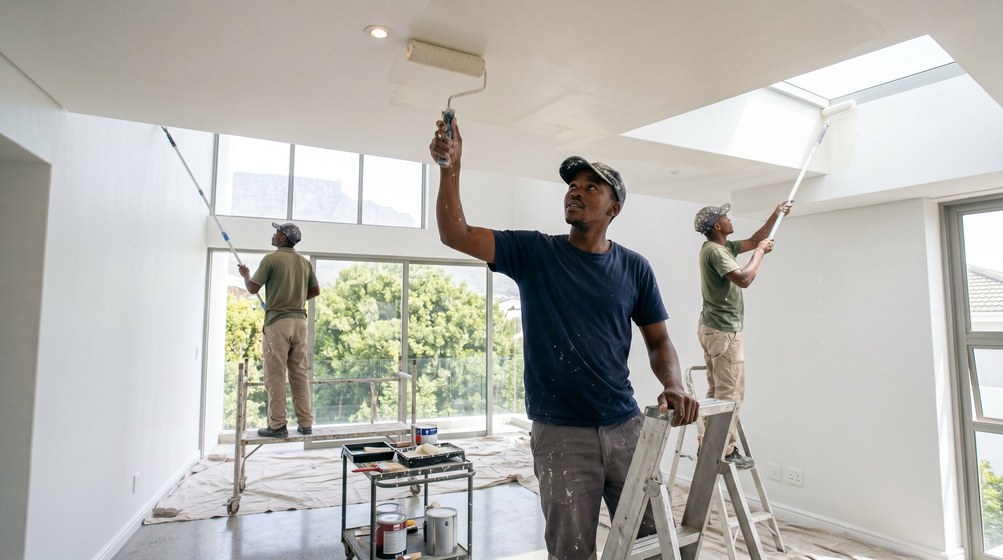 Professional ceiling painters rolling white paint onto a high ceiling in Knysna