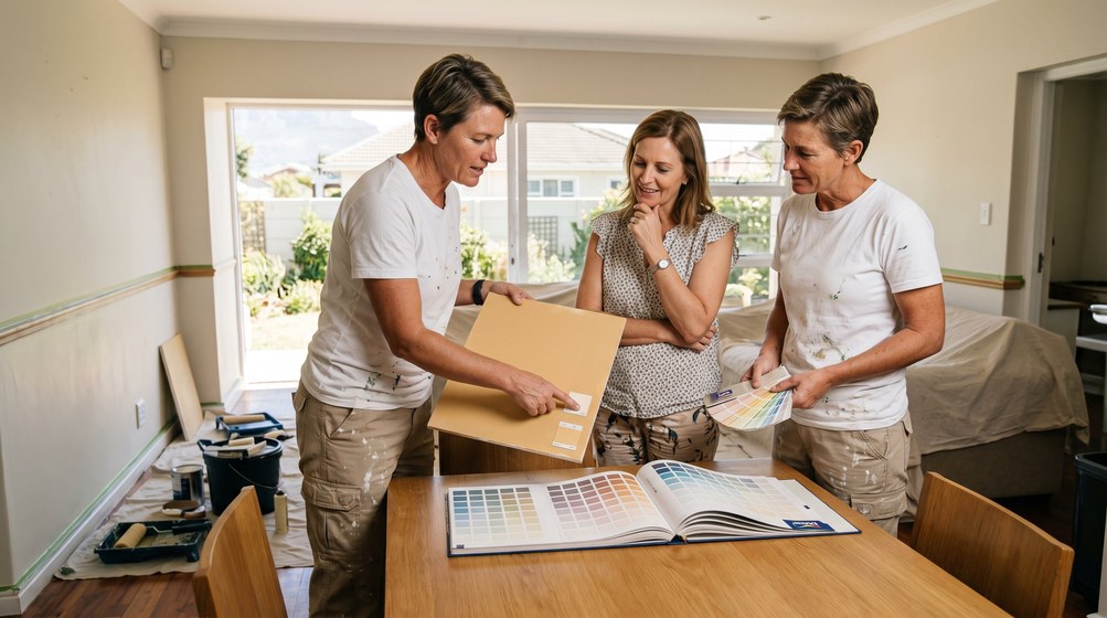 Professional colour consultant showing paint swatches to a homeowner in Knysna