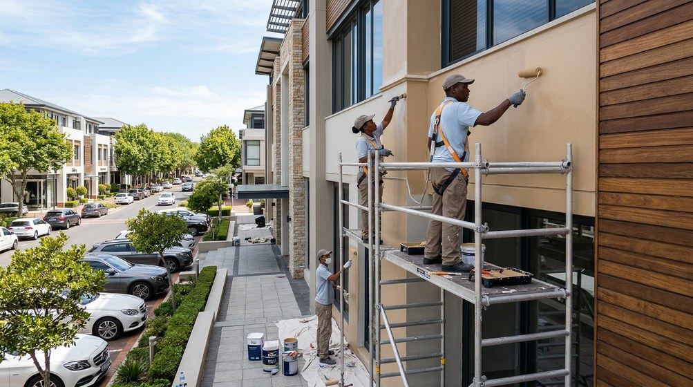 Professional commercial painters on scaffolding painting a building in Knysna