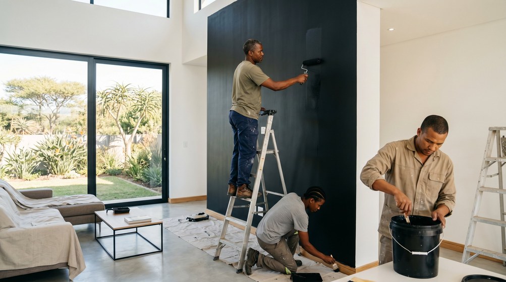 Professional painters creating a bold black feature wall in a modern Knysna home
