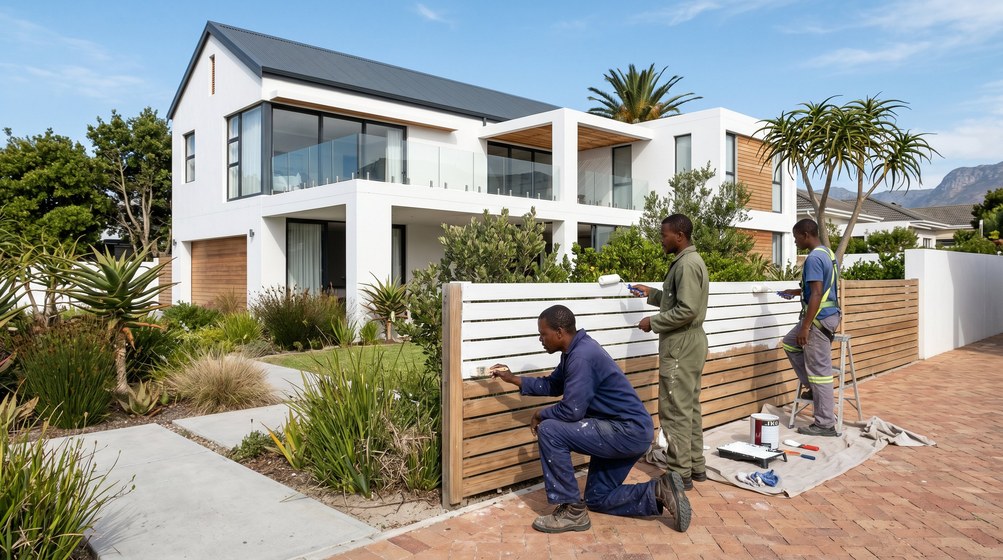 Professional fence painters painting a wooden fence at a Knysna home in Knysna