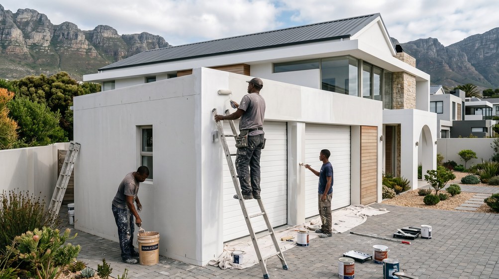 Professional painters painting a double garage exterior and garage doors in Knysna