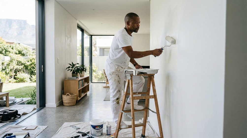 Professional interior painter in Knysna painting walls with a roller