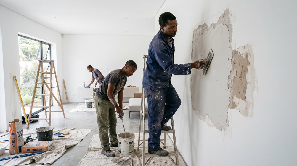 Professional plaster repair team skim coating damaged walls in Knysna