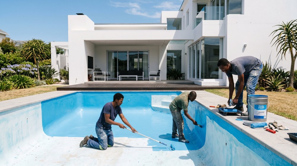 Professional pool painters applying blue pool paint to a swimming pool in Knysna