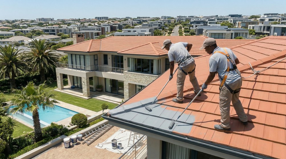 Professional roof painters applying waterproof coating to tiled roof in Knysna