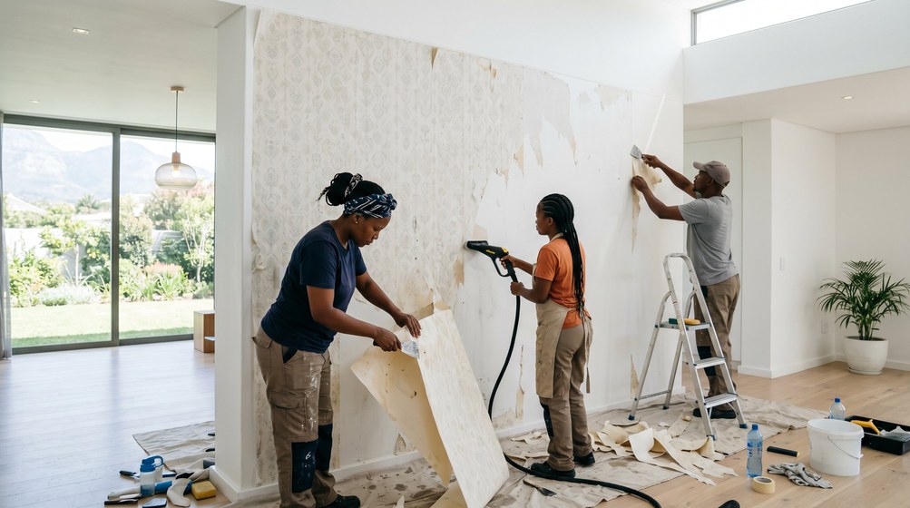 Professional wallpaper removal team stripping old wallpaper in a Knysna home