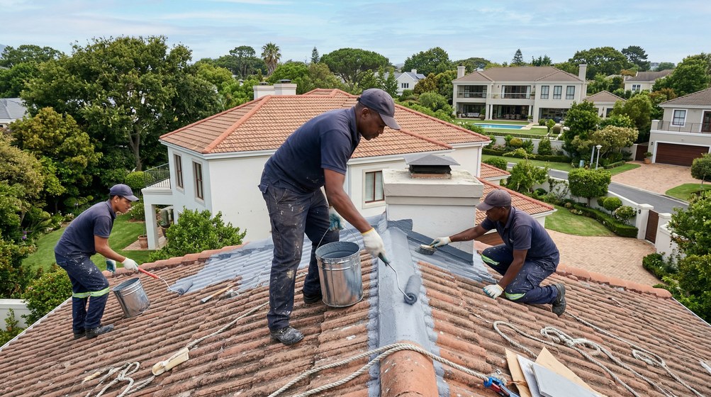 Professional waterproofing team applying membrane to roof in Knysna