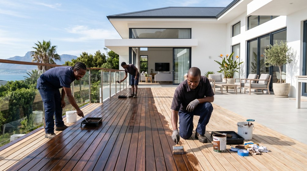 Professional wood staining team applying deck stain on a home in Knysna